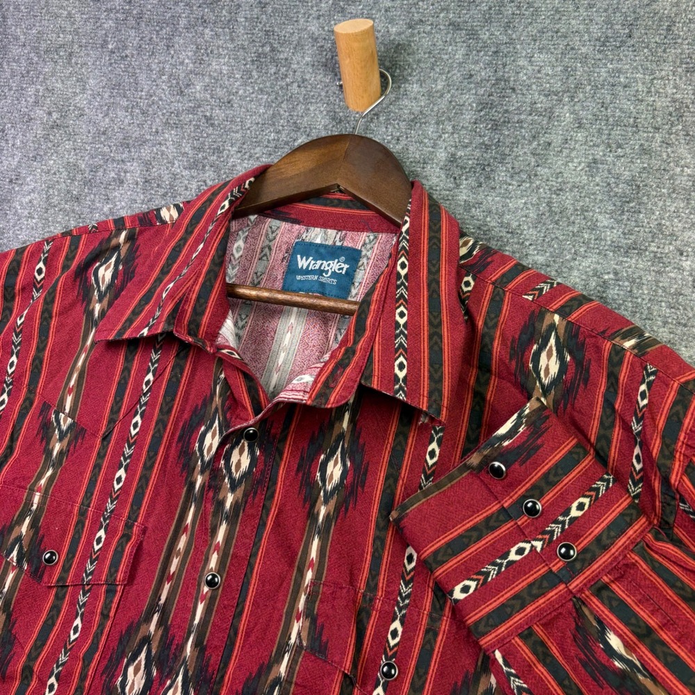 Wrangler Western Shirt Mens XXL Red Southwestern Ikat Stripe Pearl Snap Style